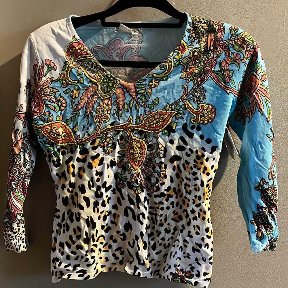 Alberto Makali colorful sequin collared blouse NWT